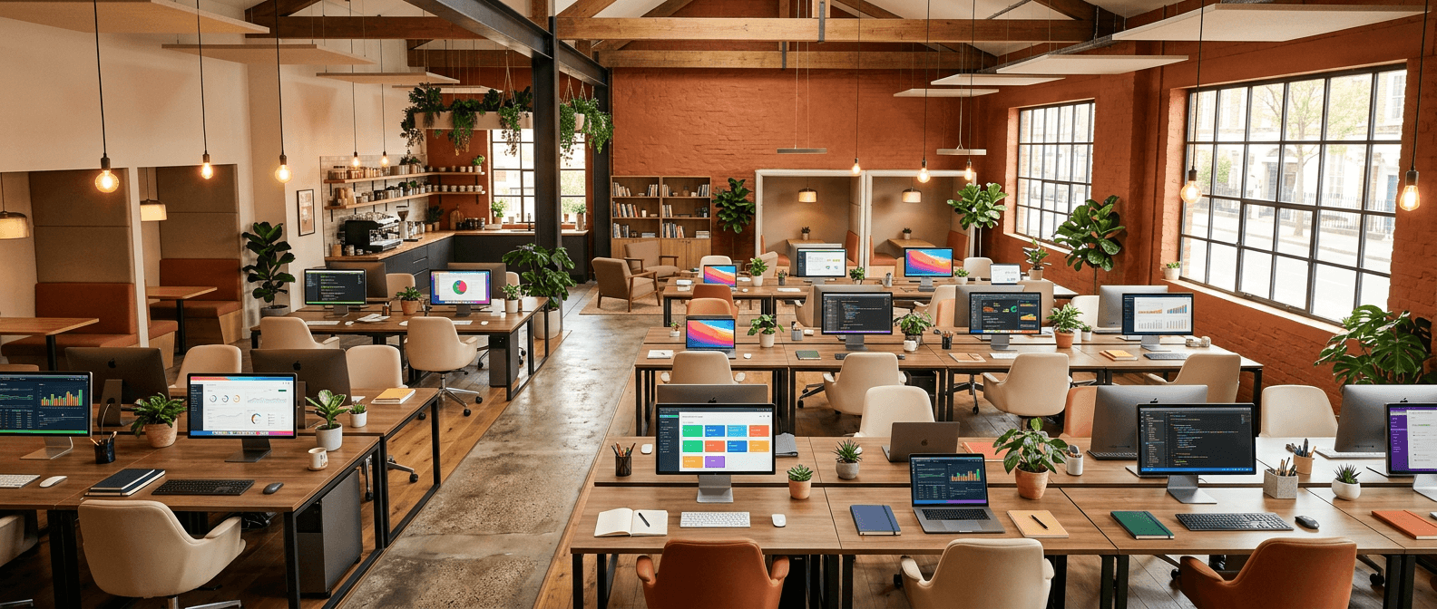 Modern UK workspace with AI dashboards