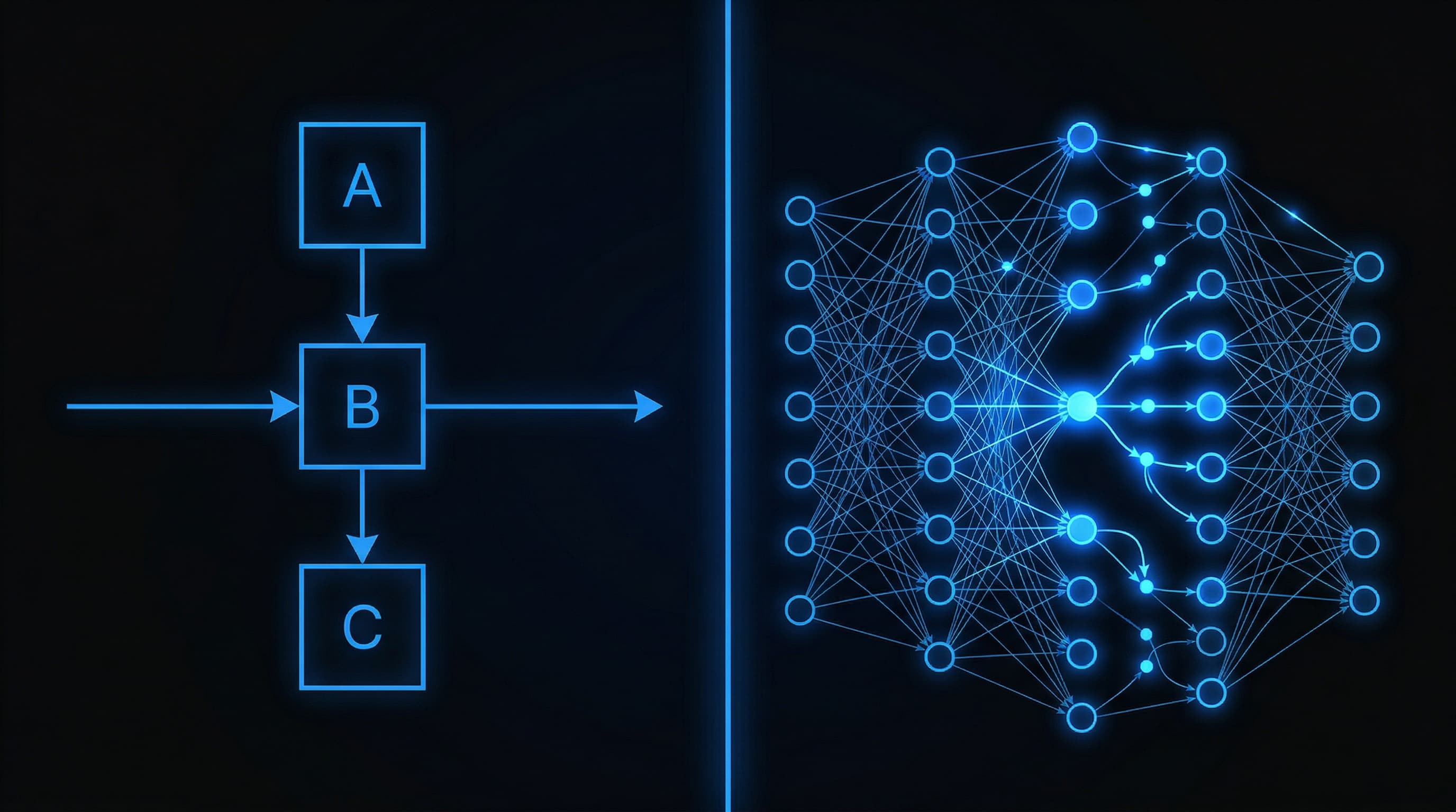 Split comparison, simple linear flowchart on the left, complex AI agent neural network on the right