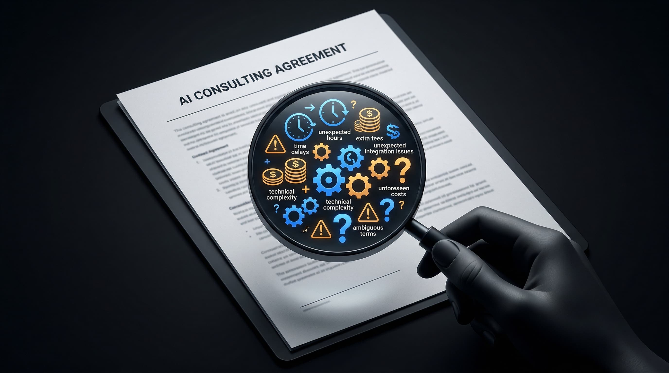 Magnifying glass revealing hidden costs inside an AI consulting agreement, time delays, extra fees, complexity